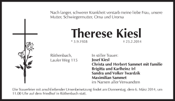 Traueranzeige von Therese Kiesl von Pegnitz-Zeitung